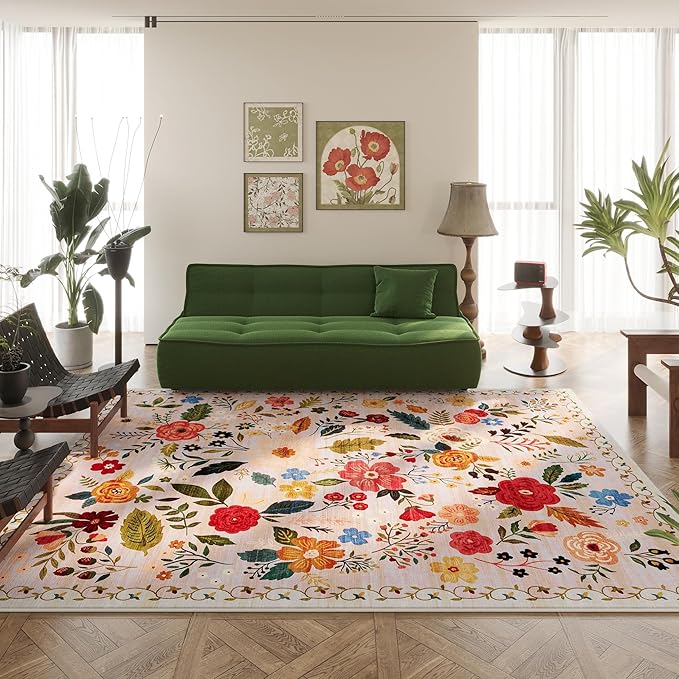 Rugcomf Area Rugs 9x12 Living Room Clearance Washable Boho Rug Non Slip Floral Vintage Low Pile Large Rug for Living Room, Bedroom, Farmhouse, Dining Room, Kids Playroom(Beige)