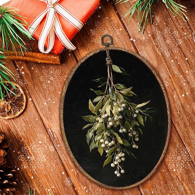 Hxlac Mistletoe Christmas Oval Wall Art Framed, Dark Moody Holiday Christmas Oval Wall Decor, Mistletoe Botanical Hanging Canvas Prints Wall Sculptures for Home Bedroom Decor, 8.5x11.5 Inch