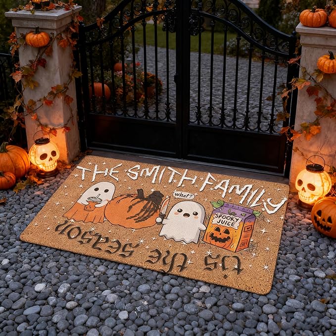 InterestPrint Personalized Halloween Family Doormat with Name Happy Ghost Custom Family Member Welcome Mat, Customized Halloween Door Mat with Name, Dog, Cat, Ghost Family Welcome Doormat