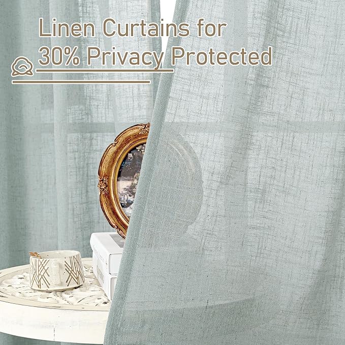 LAMIT Greyish Blue Linen Boho Curtains 84 inch Length 2 Panels, Light Filtering Semi Sheer Panels Back Tab and Rod Pocket Neutral Drapes for Bedroom/Living Room, 34 x 84 Inch