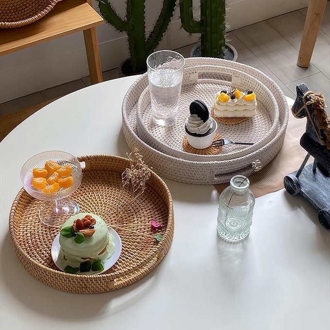 11.8" Round Rattan Tray, Hand Woven Serving Tray with Handles, Wicker Serving Basket, Decorative Tray for Home Decor, Whitewash