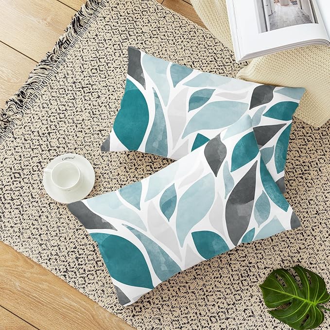 CaliTime Throw Pillow Cases Pack of 2 Cozy Fleece Falling Dahlia Floral Flowers Petals Decorative Cushion Covers for Couch Bed Sofa Farmhouse Decoration 12 X 20 Inches Teal Green Grey