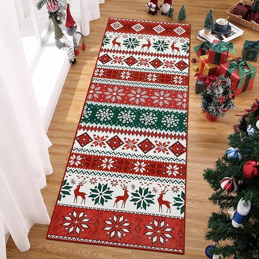 2x8 Hallway Runner Rug for Holiday Non Slip Christmas Kitchen Runners Rug Stain Resistant Bedside Xmas Decor Throw Carpet Low Pile Boho Snowflakes Holiday Runner Rugs for Living Room Entry, Red