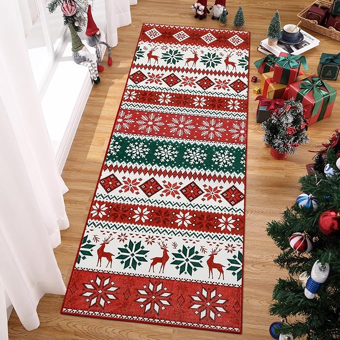 Hallway Runner Rug 2x6 Washable Christmas Runner Indoor Non-Slip Xmas Decorative Throw Floor Covers Boho Accent Festival Xmas Rug Farmhouse Rug Geometric Carpet for Living Room Bedroom, Red