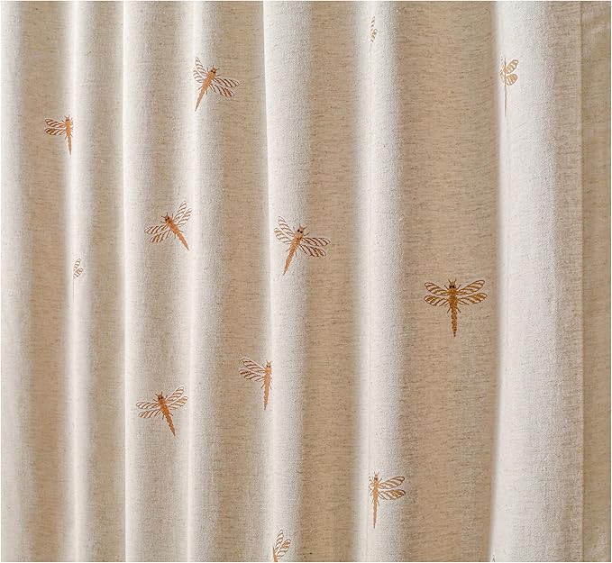 Natural Flax Linen Curtains 50x96 Inch –Brown Taupe with Dragonfly Embroidery, Room Darkening for Bedroom & Living Room