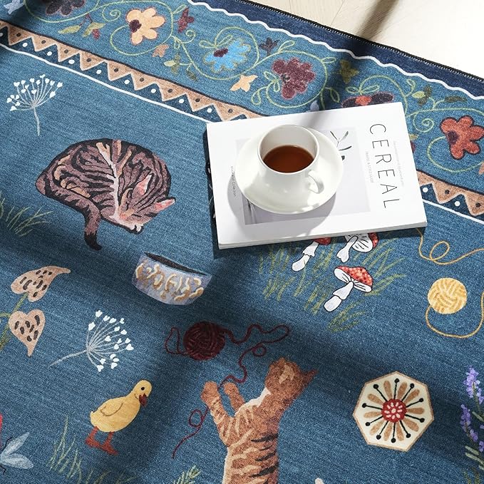 Rugcomf Runner Rug for Kitchen Non Slip 2'6''x8' Washable Rugs with Rubber Backing Soft Floral Animal Cat Carpet Runner for Kitchen Laundry Bedroom Bathroom, Pearl Gentian Blue