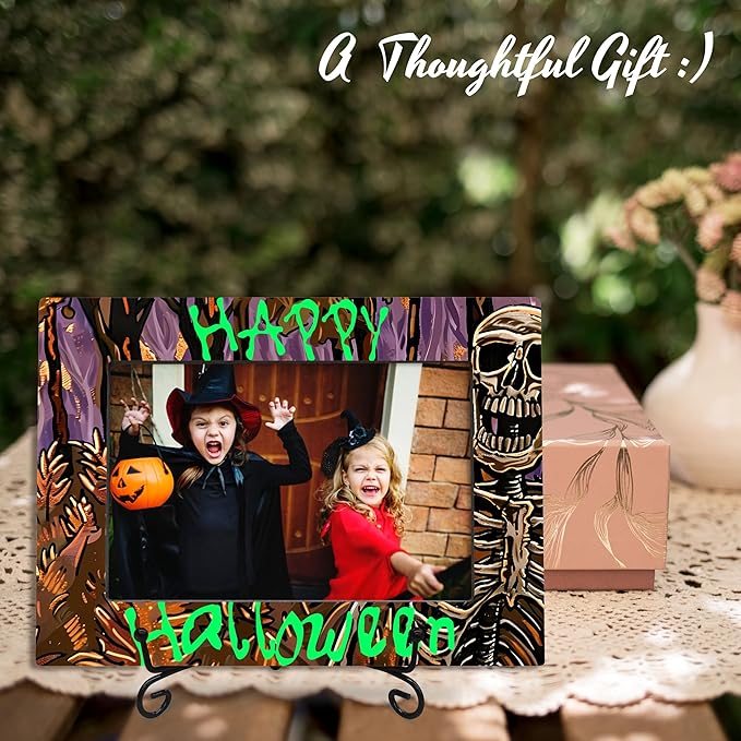 4X6 Halloween Picture Frame With A Metal Stand-Dark Style, Abstract Skeleton Print- Gifts for Kids Friends Family, Wooden Photo Frame For Tabletop Display, Halloween Theme- A27