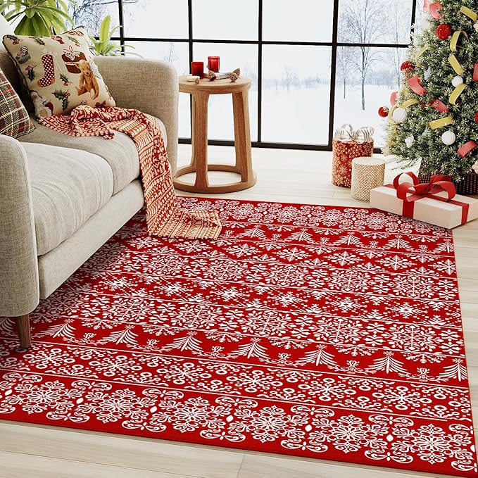 4x6 Area Rug Red Christmas Office Carpet Xmas Holiday Decor Doormat Snowflake Washable Non Slip Indoor Kitchen Accent Rug Decorative for Entryway Dining Room Kitchen