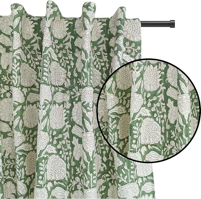 ATOSII 100% Cotton Single Panel Floral Block Print Curtain, Easy Hanging with Rod Pocket & Loop, Living Room, Dining Room, Bedroom Light Filtering Boho Curtains, Set of 1, 60" W X 96" L, Jade Green