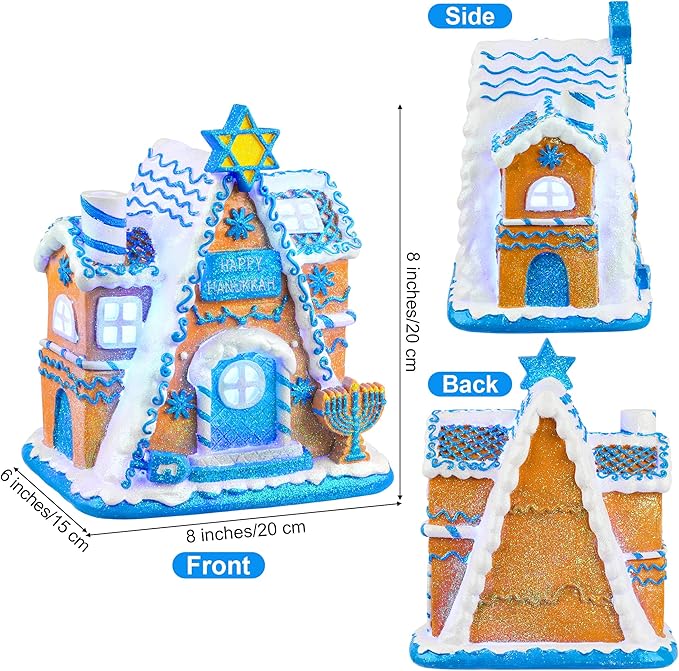 Fovths Hanukkah House Resin Tabletop Decor White and Blue Hanukkah LED Tabletop Decor Hanukkah House Centerpieces for Hanukkah Party Supplies Home Decor