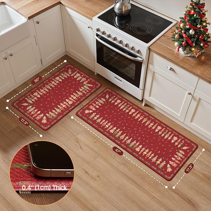 GENIMO Christmas Decorations - Kitchen Mats for Floor, 2PCS Christmas Kitchen Rugs, Cushioned Anti Fatigue Mat for Home Decor, Waterproof Non Slip Standing Mat for Laundry, 17.3"x47"+17.3"x30", Red
