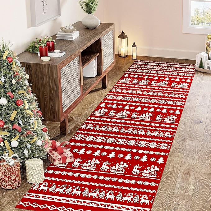 Christmas Runner Rug 2x8 Red Xmas Snowflake Washable Carpet Holiday Decor Kitchen Non Slip Soft Low Pile Long Carpet Throw Rug Laundry Room Living Room Bedroom Dining Room