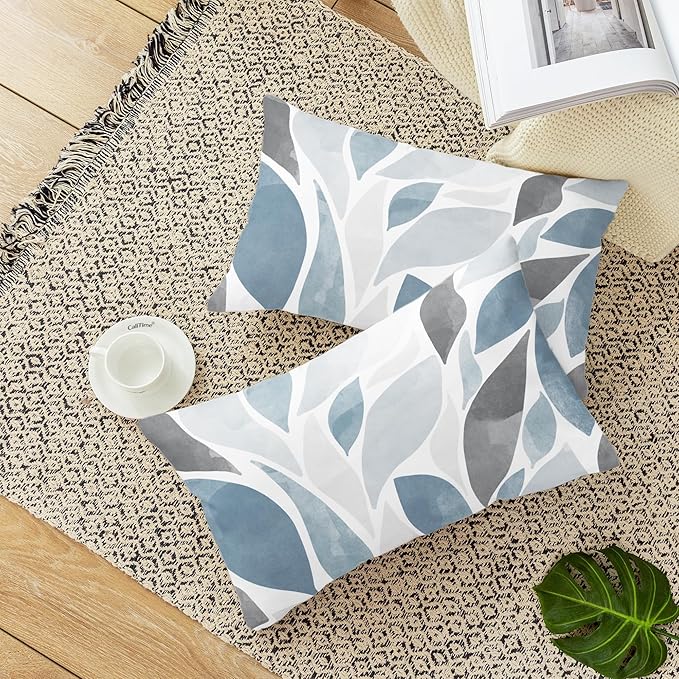 CaliTime Throw Pillow Cases Pack of 2 Cozy Fleece Falling Dahlia Floral Flowers Petals Decorative Cushion Covers for Couch Bed Sofa Farmhouse Decoration 12 X 20 Inches Smoke Blue Grey