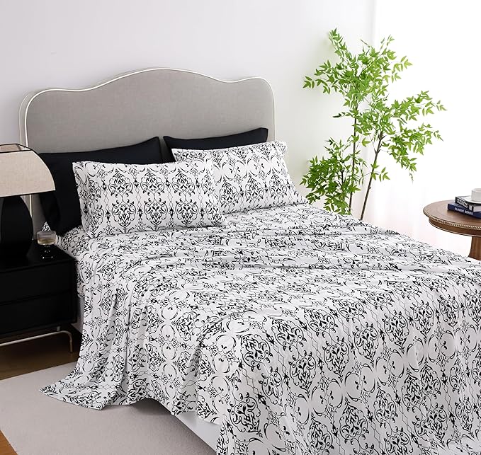 Twin Size Bed Sheets Set Deep Pockets - 6PC Floral & Swirl Ultra Soft Microfiber Bed Sheets - Easy to Clean, 90 Thread Count Sheets with Fitted Sheet, Flat Sheet & Pillowcases (Black/White Scroll)