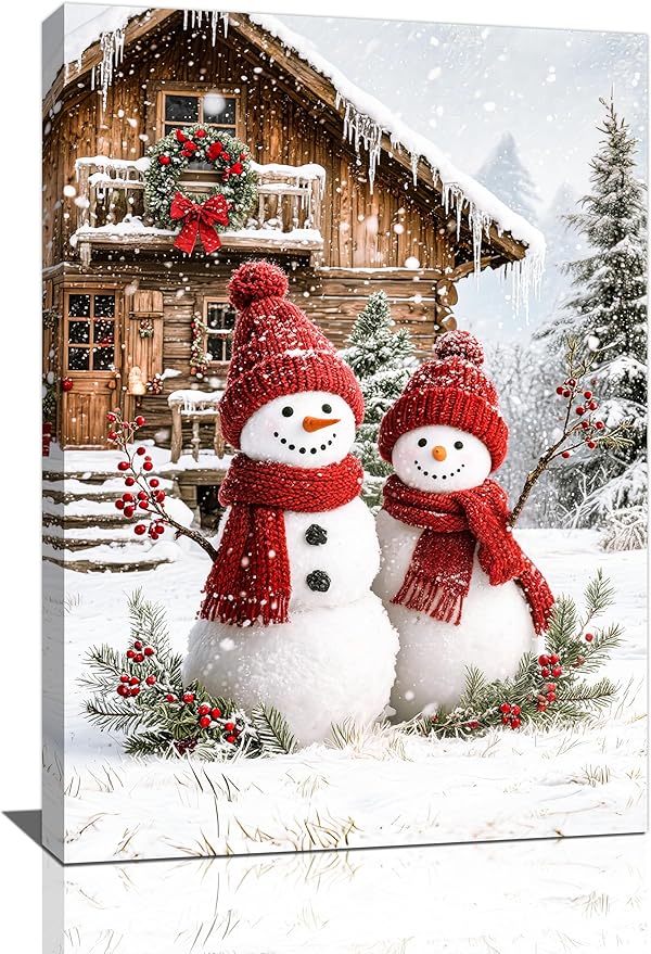 Zyphren Christmas Snowman Wall Art Winter Picture Wall Decor Snowman Canvas Print Painting Home Artwork Gifts for Living Room Bedroom Bathroom 16"x24"