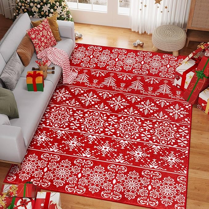5x7 Area Rug Red Christmas Living Room Carpet Xmas Holiday Decor Bedroom Carpet Snowflake Washable Non Slip Kitchen Mat Indoor Decorative Throw Rug Entryway Dining Room Nursery Bathroom