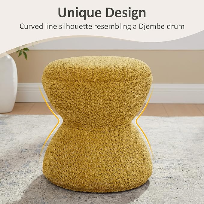 Multi-Functional Boucle Ottoman, Vanity Stool Chair, Sturdy Rotating Wooden Footstool, Suitable for Living Room, Bedroom, and Entryway, Without Installation, Swivel, Yellow