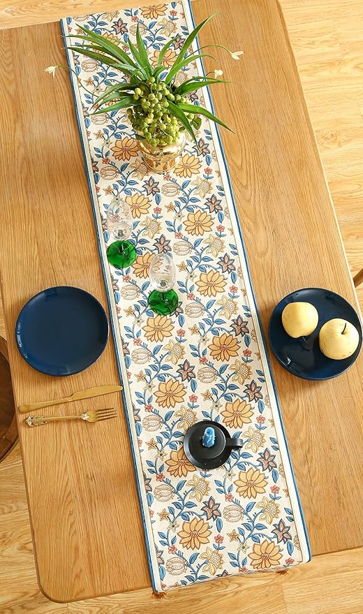 ISAENNE Designer Bohemian Elegant Linen Table Runner 87 Inches Long,Floral Pattern Duable Decor Table Runners for Dining Tables,Thanksgiving,Kitchen Tables,Christmas,12"*87"-Estevan B