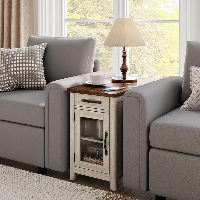 LINSY HOME Farmhouse End Table with Charging Station, Narrow Side Table for Living Room, Sofa Side Table with Drawer and Storage Cabinet, Small Nightstand for Home Office