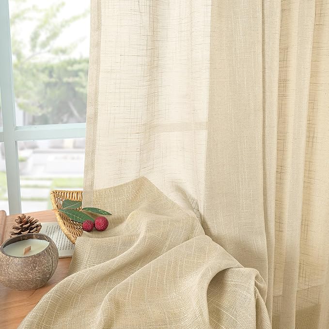 YoungsTex Natural Linen Semi Sheer Curtains 63 Inch Length for Living Room Window, Burlap Light Filtering Drapes Rustic Textured with Rod Pocket Back Tab for Bedroom, 2 Panels, 42 X 63 Inch