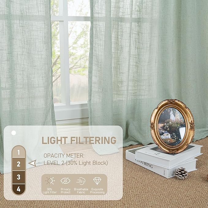 LAMIT 102 Inch Length Light Filtering Sheer Linen Curtains, Linen Textured Semi Sheer Back Tab and Rod Pocket Natural Boho Drapes for Living Room/Farmhouse, 2 Panels, Light Sage, 52 x 102 Inch