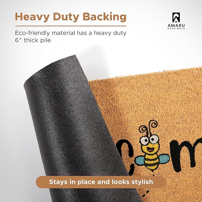 Bee - 17"x29" - Coir Door Mat with Heavy Duty Backing - Welcome Mats for Entryway, Porch - Anti-Slip PVC & Coconut Fiber Surface - Natural Home Accessories, Minimalist Original Design