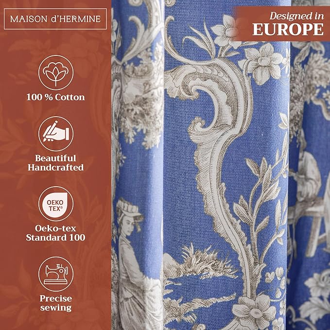 Maison d' Hermine Curtains for Living Room 100% Cotton 96 inch Length Two Panels Light Filtering Toile Curtains for Bedroom Windows with Rod and Loop Pockets Drapes (Joli Jouy Blue, 50" W x 96" L)