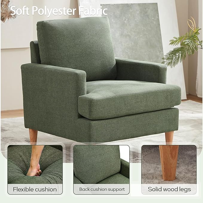 VKNOW Mid-Century Accent Chairs Set fo 2, Modern Upholstered Armchair for Living Room,Comfy Reading Accent Chairs with Wood Legs for Bedroom, Green Polyester