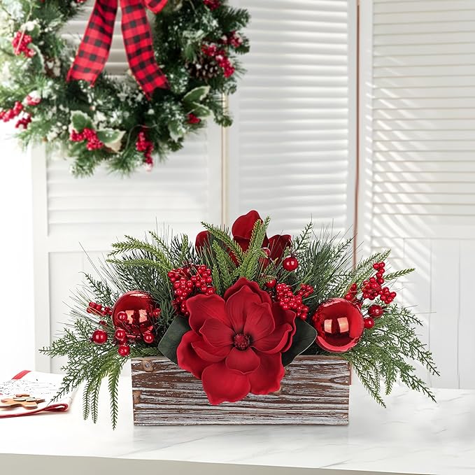 Christmas Centerpiece 11 Inch Artificial Norfolk Pine in Rustic Wooden Pot Flower Arrangement with Magnolia Flowers Pine Greenery Red Berries Ornaments for Dining Table Holiday Party Mantel Xmas Decor