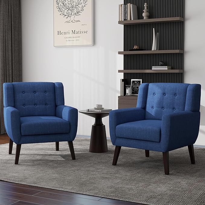 UIXE Accent Chair Modern Upholstered Armchair, Mid Century Club Arm Chairs, Comfy Single Lounge Sofa Living Room Button Tufted Armrest Side Reading Seat for Dorm Bedroom Home Office, Blue