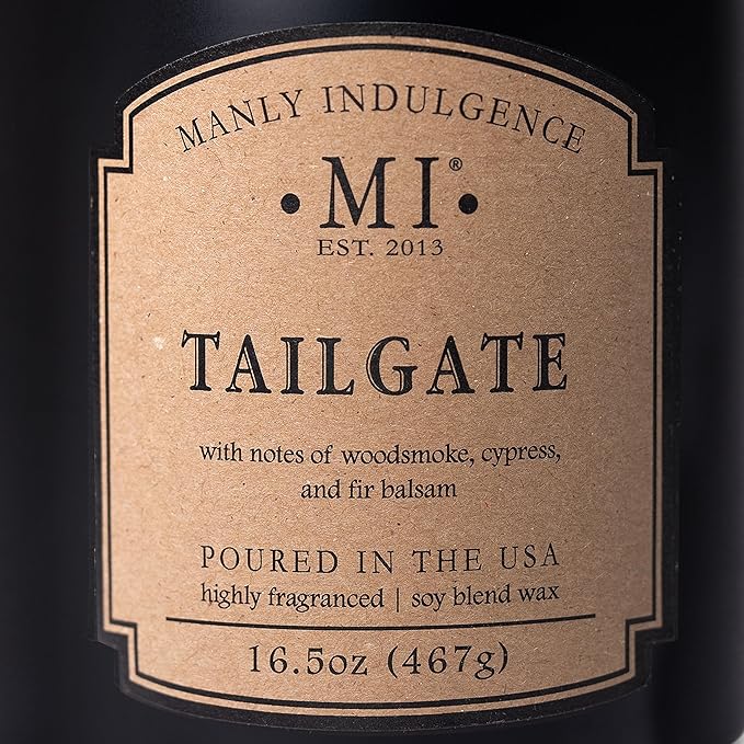 Manly Indulgence Tailgate Scented Candles for Men, 2 Wick, 16.5 oz Premium Soy Blend Wax, 60H Burn, Candles for Home Scented - Made in The USA