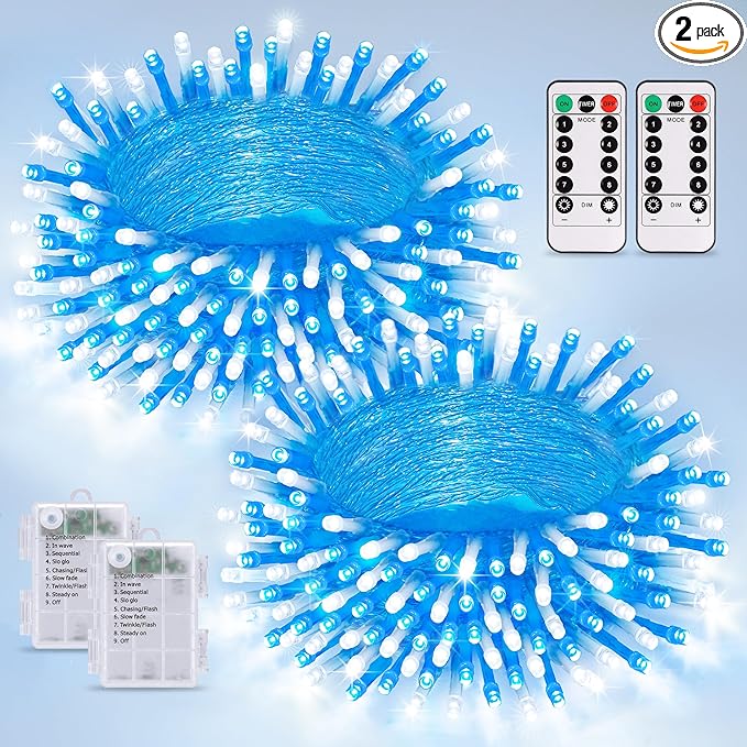 JMEXSUSS 2 Pack Blue and White Battery String Lights, Each 33ft 100 LED Battery Powered Christmas Lights with Remote for Outside Party Birthday