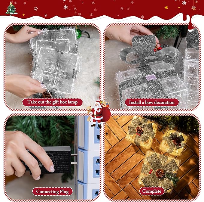 Christmas Decorations, Set of 3 Christmas Lighted Gift Boxes, Pre-lit 60 LED Light Up Present Boxes Warm White Xmas Ornaments for Indoor Outdoor Yard Lawn Home Decor (Silver Bow)