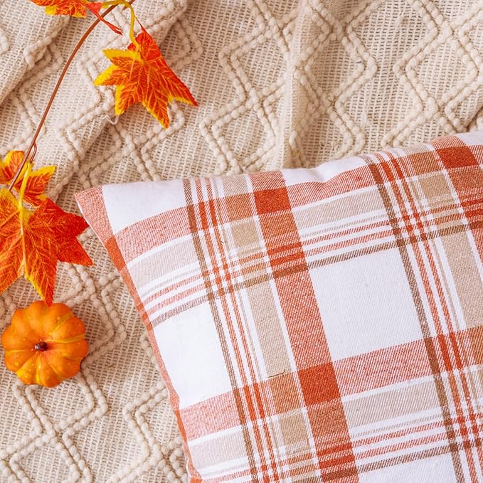 Fall Plaid Orange White Throw Pillow Covers 20x20 Inch, Set of 2 Autumn Decorative Throw Pillows for Couch Sofa Bed Living Room Home Decor, Accent Pillow Cases for Farmhouse Couch Cushion Covers