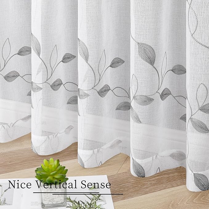 Tollpiz Grey Leaf Sheer Curtain Leaves Embroidered Living Room Short Curtains Rod Pocket Voile Window Treatment for Bedroom, 54 x 54 inches Long, Set of 2 Panels