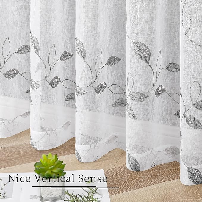 Tollpiz Grey Leaf Sheer Curtain Leaves Embroidered Bedroom Curtains Rod Pocket Voile Window Treatments for Living Room, 38 x 63 inches Long, Set of 2 Panels