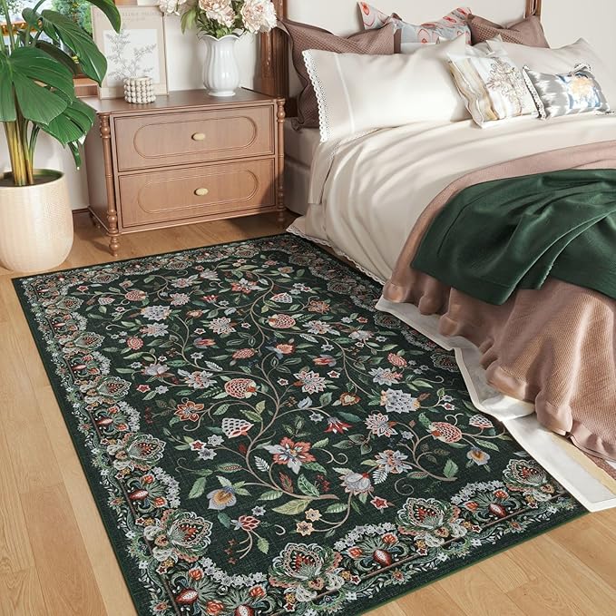 Rugcomf Vintage Paisley 3'x5' Area Rug - Machine Washable, Non-Slip Low Pile Small Floral Carpet for Bedroom, Bedside, Kitchen, Entryway, Kids/Girls Room, Office - Green