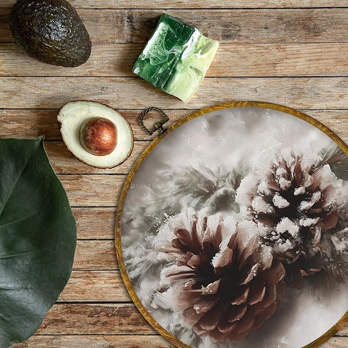 QZQE Vintage Winter Snowy Pinecone Round Wall Art Decor Framed, Rustic Christmas Cottagecore Farmhouse Circle Canvas Prints, Cozy Xmas Holiday Wall Hanging Decor for Home Bedroom Living Room, 10x10 Inch