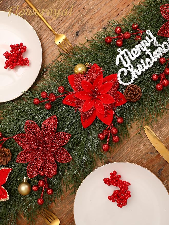 Floweroyal 60pcs Poinsettia Artificial Christmas Flowers Decorations with Clips and Berry Stems Glitter Ornaments for Christmas Tree Wreath Fireplace Stairs Decor (Red-3 Styles)