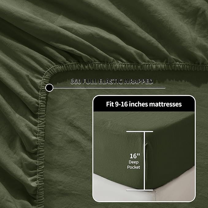 LBRO2M 100% Linen Sheet Set 16" Deep Pocket King Size,Bed Sheets 4 Piece Sets,Solid Color Natural Flax Bed Sheets Soft Breathable Bedding, All Season (King, Olive Green)