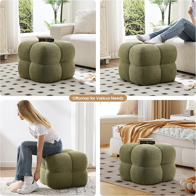 ONEVOG Olive Green Modern Ottoman, 21" Square Fuzzy Couch Sherpa Pouf Ottoman, Tufted Cute Boucle Fabric Foot Stools, Upholsered Footrest & Coffee Table & Vanity Chair for Living Room Bedroom, Dorm