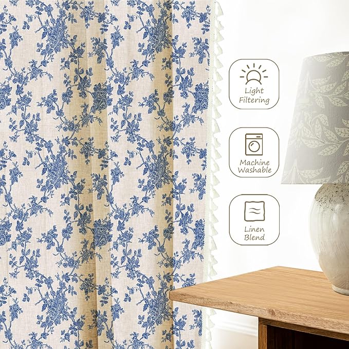 Vintage Blue Floral Curtains for Living Room 63 Inch Length Linen Blue Toile Curtain Rod Pocket French Country Drapes with Tassel Bedroom Window Curtain Set 2 Panels
