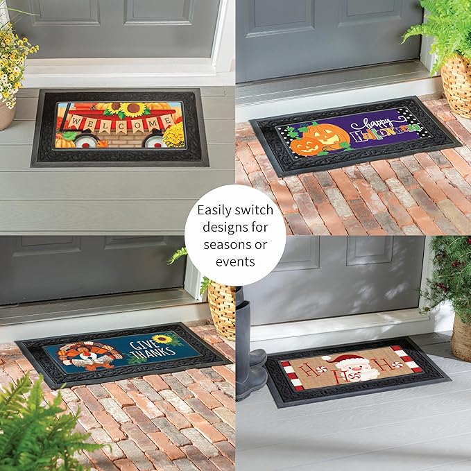 Evergreen Sassafras Fall Christmas Holiday Doormat Insert Bundle & Tray Set of 5, Interchangeable Entrance Door mats Indoor and Outdoor Welcome Mat 30 x 18 Tray Non Slip Backing Low Profile