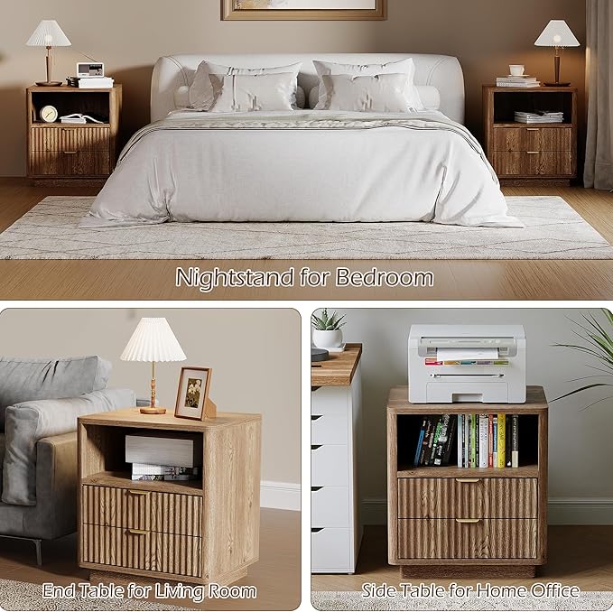 Fluted Nightstands Set of 2 - Walnult Nightstand with 2 Drawers & Open Shelves, 22" Wide Large Bedside Stand Modern Storage Wooden Side Tables for Bedroom (Natural Oak)