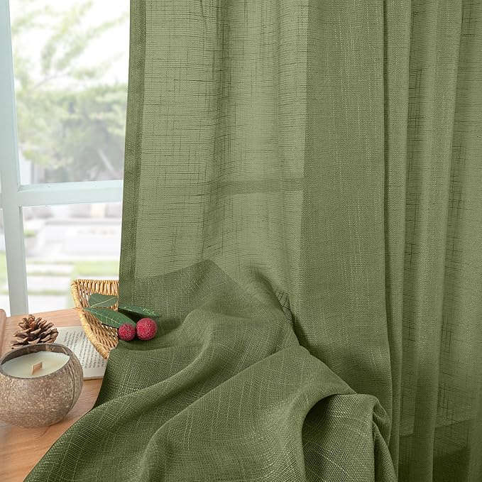 YoungsTex Olive Green Linen Cafe Curtains 36 Inch Length 2 Panels - Small Light Filtering Drapes Half Window Semi Sheer with Rod Pocket Back Tab for Kitchen Window Over Sink, 34 X 36 Inch