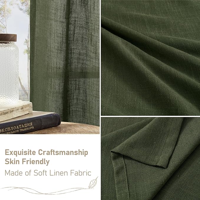 LAMIT Olive Green Linen Curtains for Living Room 2 Panels, Light Filtering Semi Sheer Panels Back Tab and Rod Pocket Christmas Panels for Bedroom/Sliding Glass Door, 52 x 108 Inch