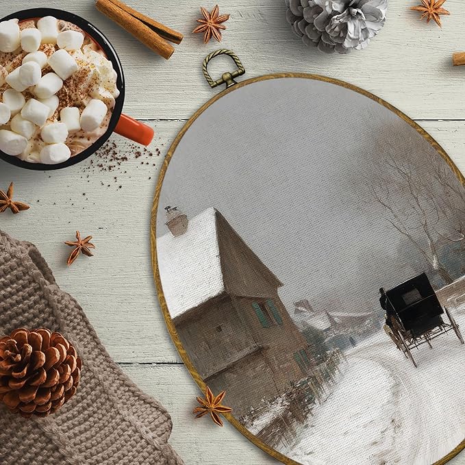 CUANFDDSF Rustic Winter Scene Oval Wall Art Decor, Snowy Winter Country Landscape Wall Hanging Decor, Cozy Farmhouse Xmas Holiday Framed Canvas Prints for Home Bedroom Living Room, 8.6x11.4 Inch