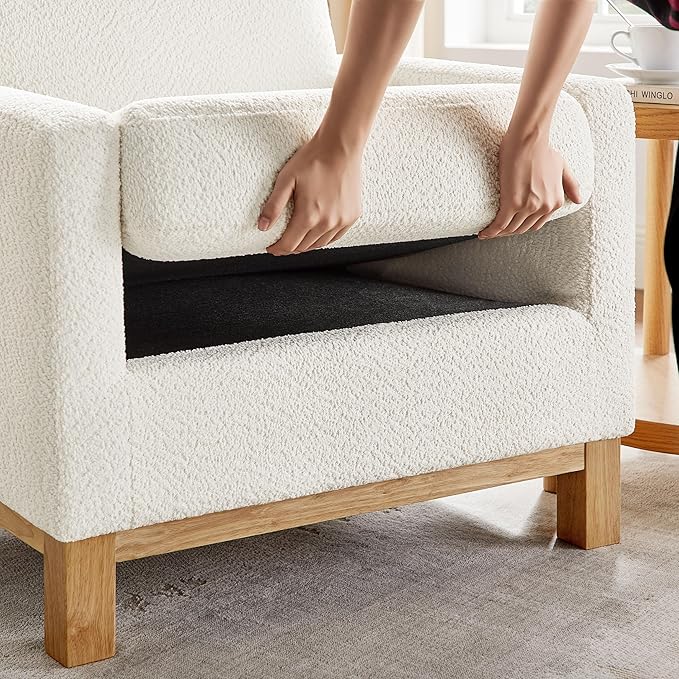 Accent Chair 29.5" Reading Chair, Modern Living Room Chair with Thick Cushion&Wood Base, Comfy Upholstered Boucle Armchair, Single Sofa for Bedroom, Office, White