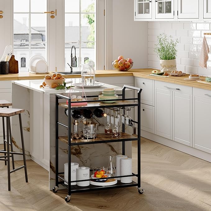 3 Tier Bar Cart, Home Bar Serving Cart with Wheels, Small Rolling Beverage Cart with Glass Holders, Mini Drink Cart with Wine Rack for Kitchen Dining Living Room Rustic Brown GBC507R