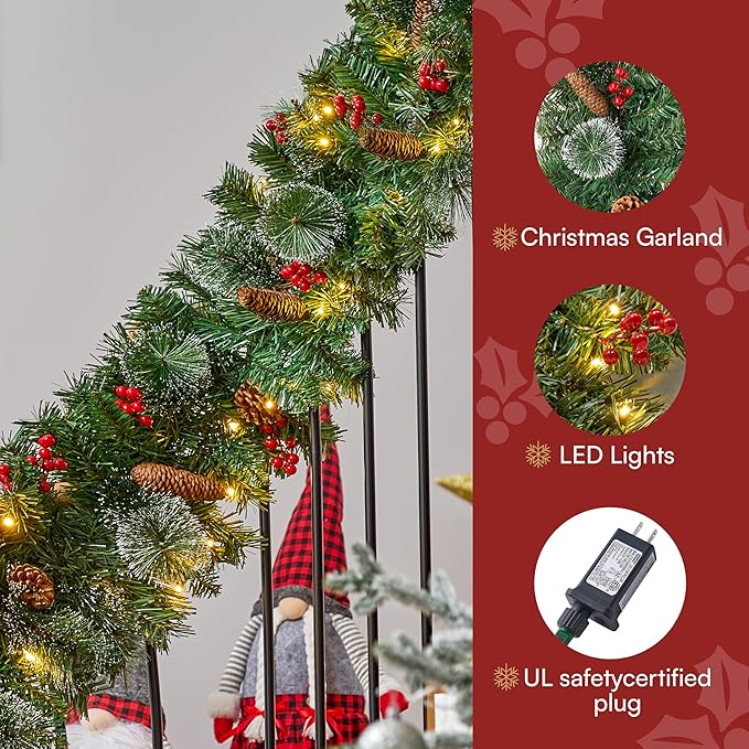 Joiedomi 9FT Christmas Garland Prelit with 50 Count String Lights, Bristle, Pine Cones, Holly Berries for Outdoor & Indoor Winter Christmas and Holidays Decorations, Plug in Lighted Pine Garland